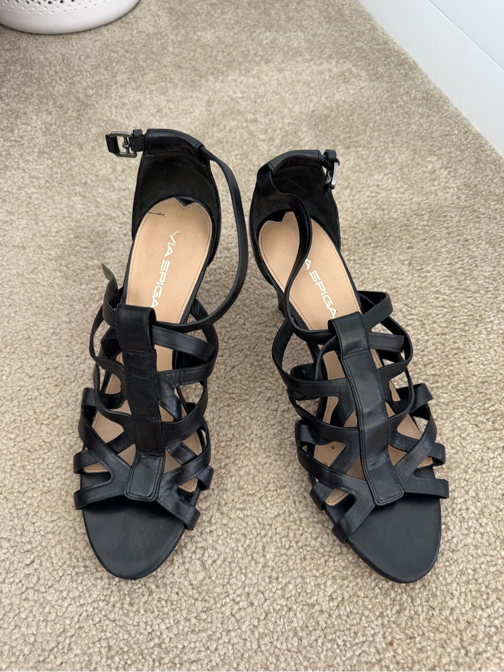 Via Spiga Black Strappy Cage Heels